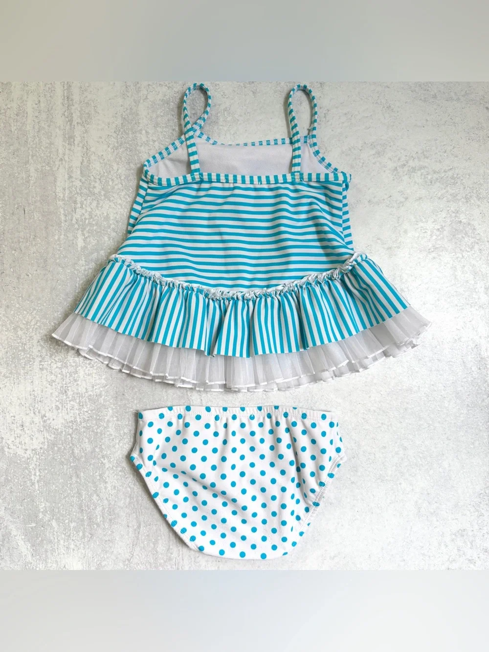 18M👙 Kate Mack Aqua Stripe Tutu Ruffle Tankini Swimsuit Set w Polka Dot Bottom